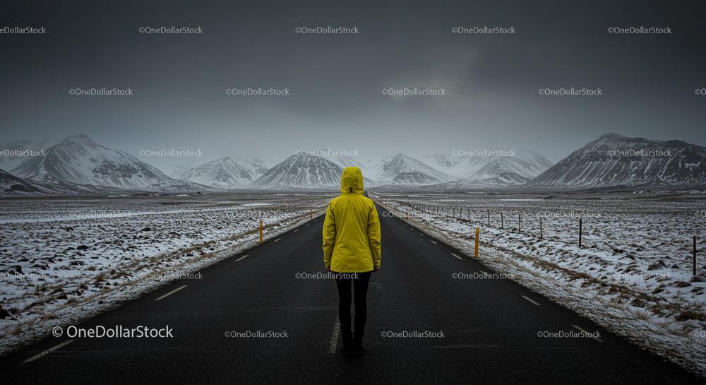 Person in Yellow Jacket Facing Snowy Mountain Road