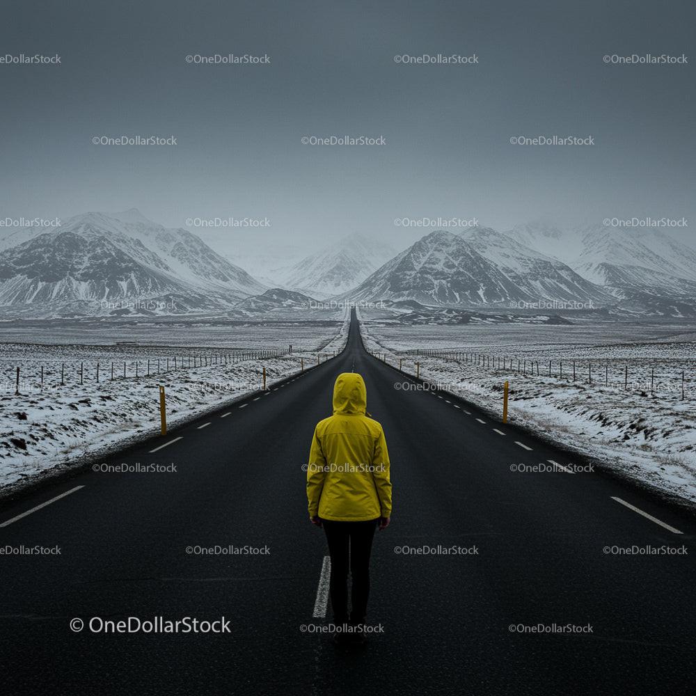 Traveler in Yellow Jacket on Empty Winter Road