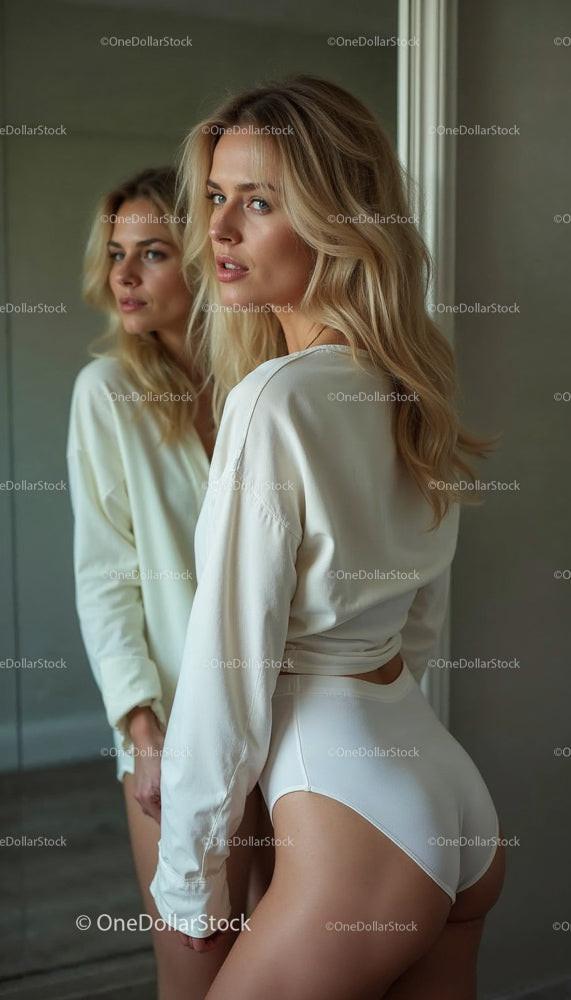 Elegant Woman in White Lingerie Reflecting in Mirror