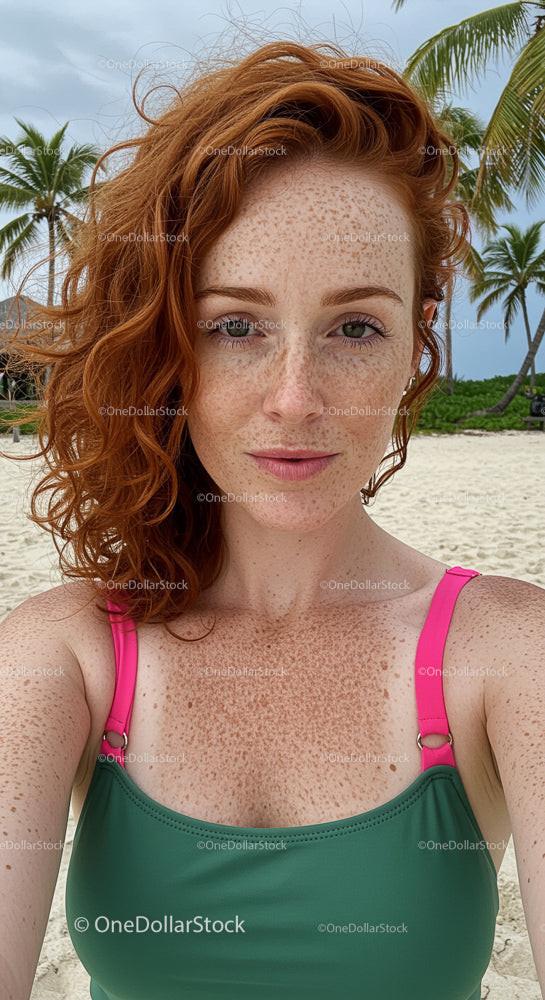 Freckled Woman with Red Hair on Tropical Beach Getaway