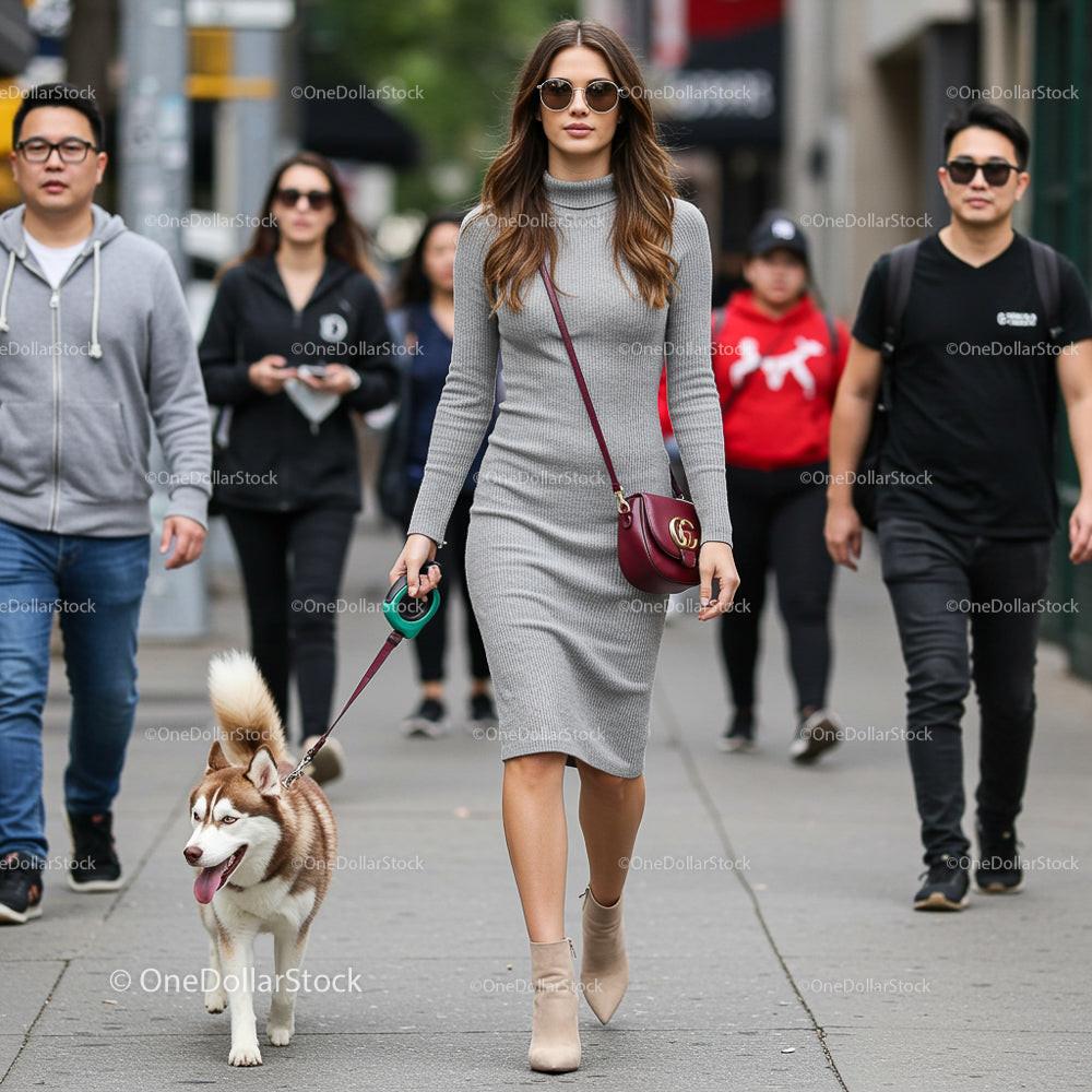 Stylish Woman Walking Husky on City Sidewalk