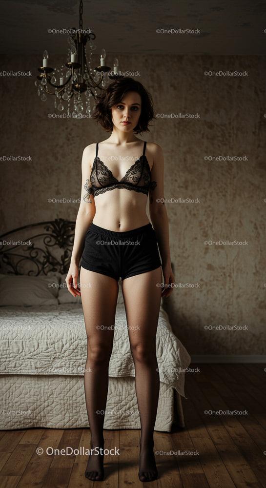 Elegant Woman in Stylish Lingerie in Cozy Bedroom