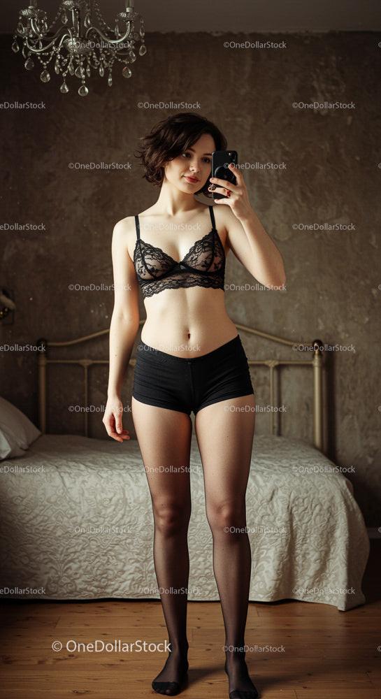 Confident Woman in Black Lingerie Takes Mirror Selfie