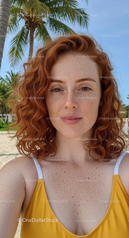 Redhead Woman in Yellow Swimsuit on Tropical Beach