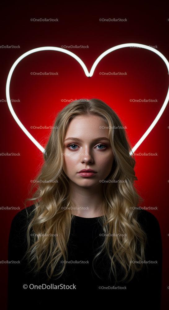 Blonde Woman with Neon Heart on Red Background
