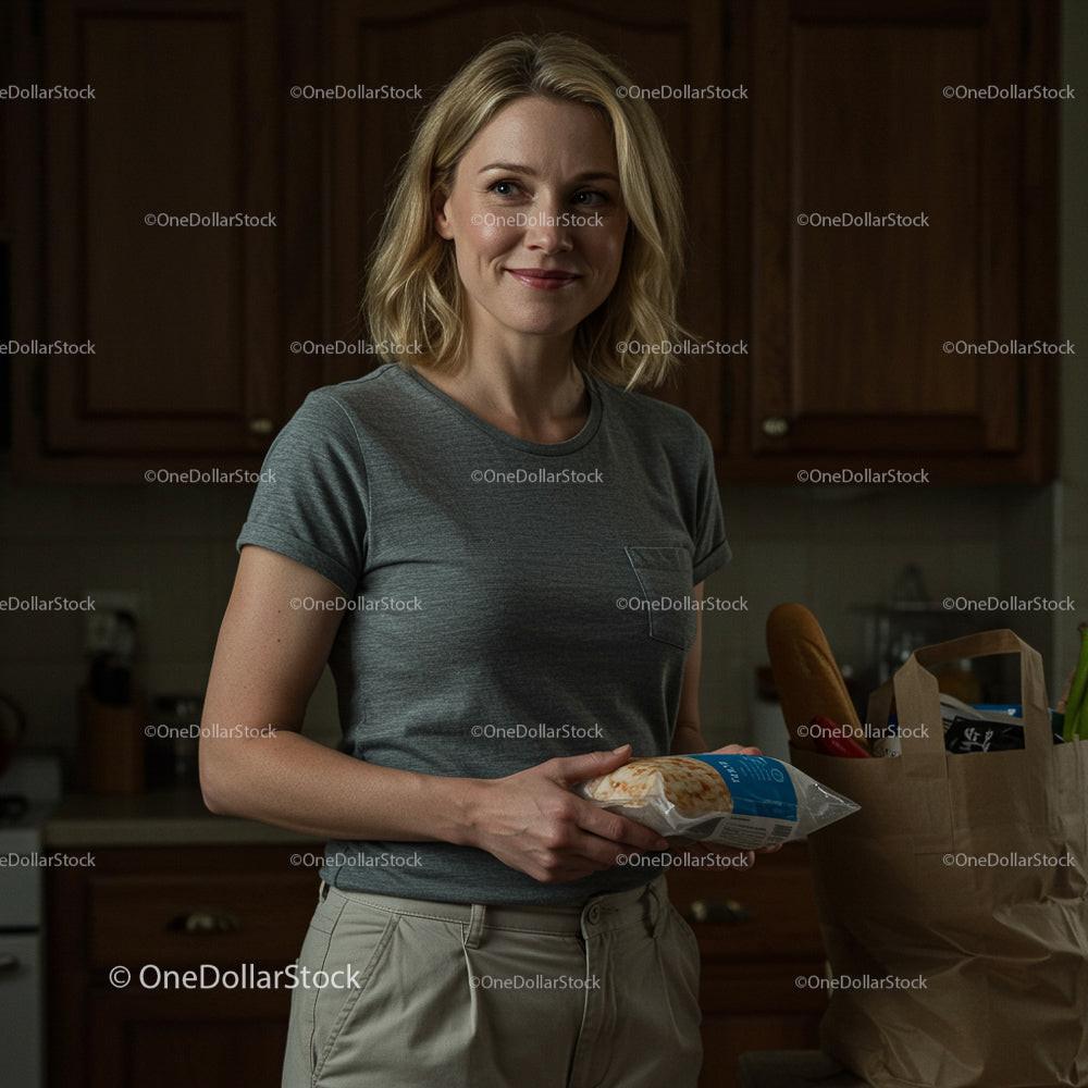 Smiling Woman Unpacking Groceries in Cozy Kitchen
