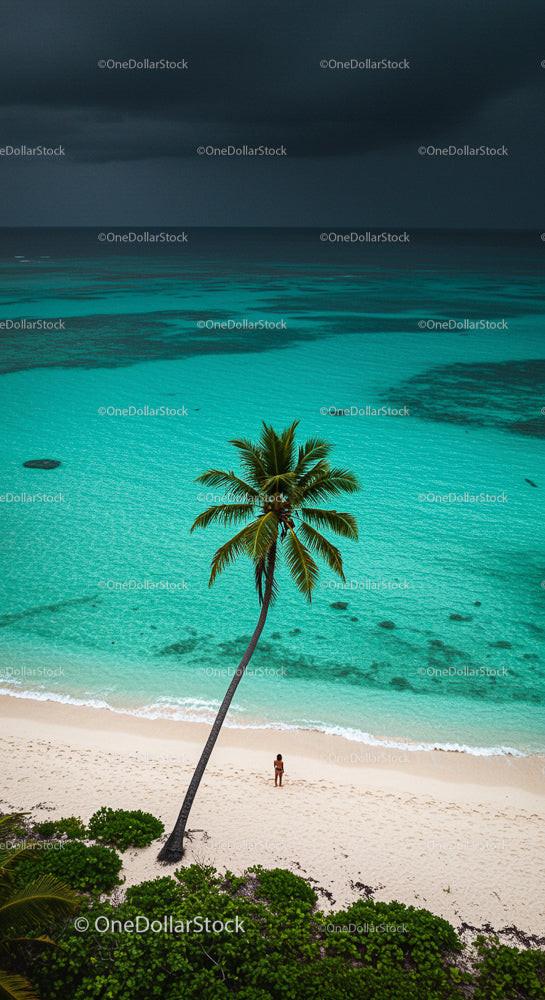 Tropical Beach with Palm Tree and Turquoise Waters