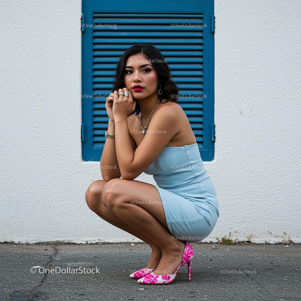 Woman in Stylish Blue Dress and Pink Heels on Urban Background
