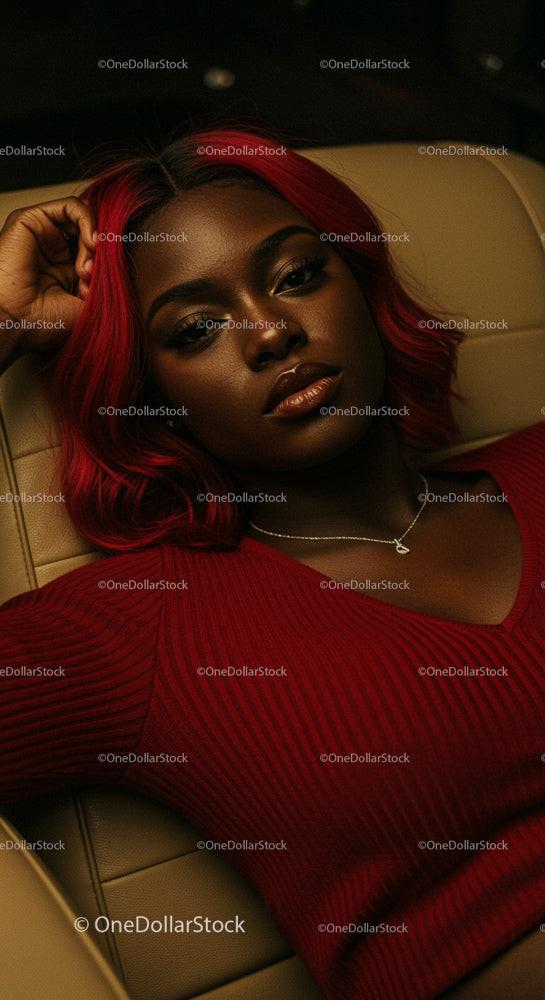 Fashionable Woman with Striking Red Hair Relaxing in Style