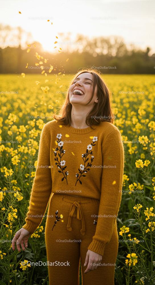 Joyful Woman Laughing in a Sunlit Mustard Field