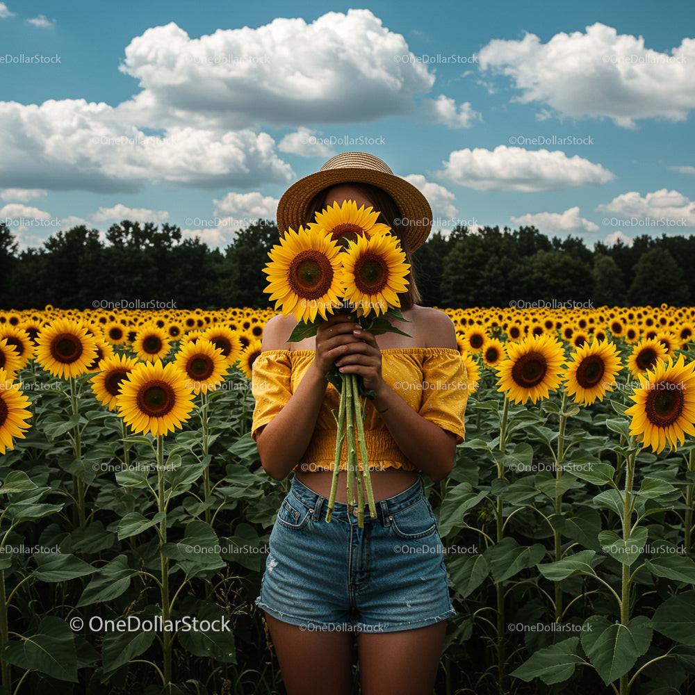 Woman in Sunflower Field Holding Bright Yellow Sunflowers