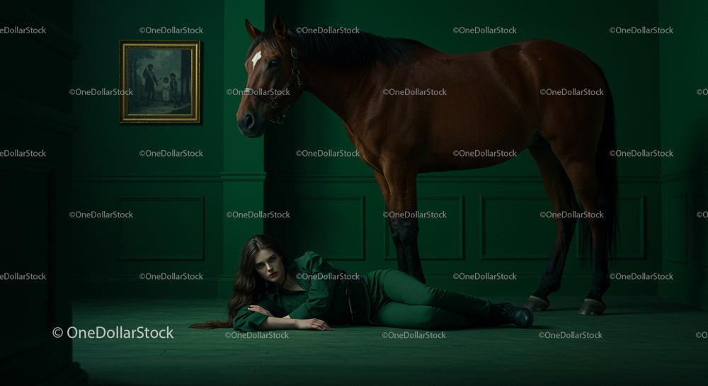 Elegant Woman in Green Beside Brown Horse in Mystical Room