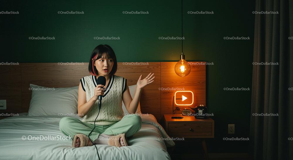Young Woman Podcasting from Cozy Bedroom