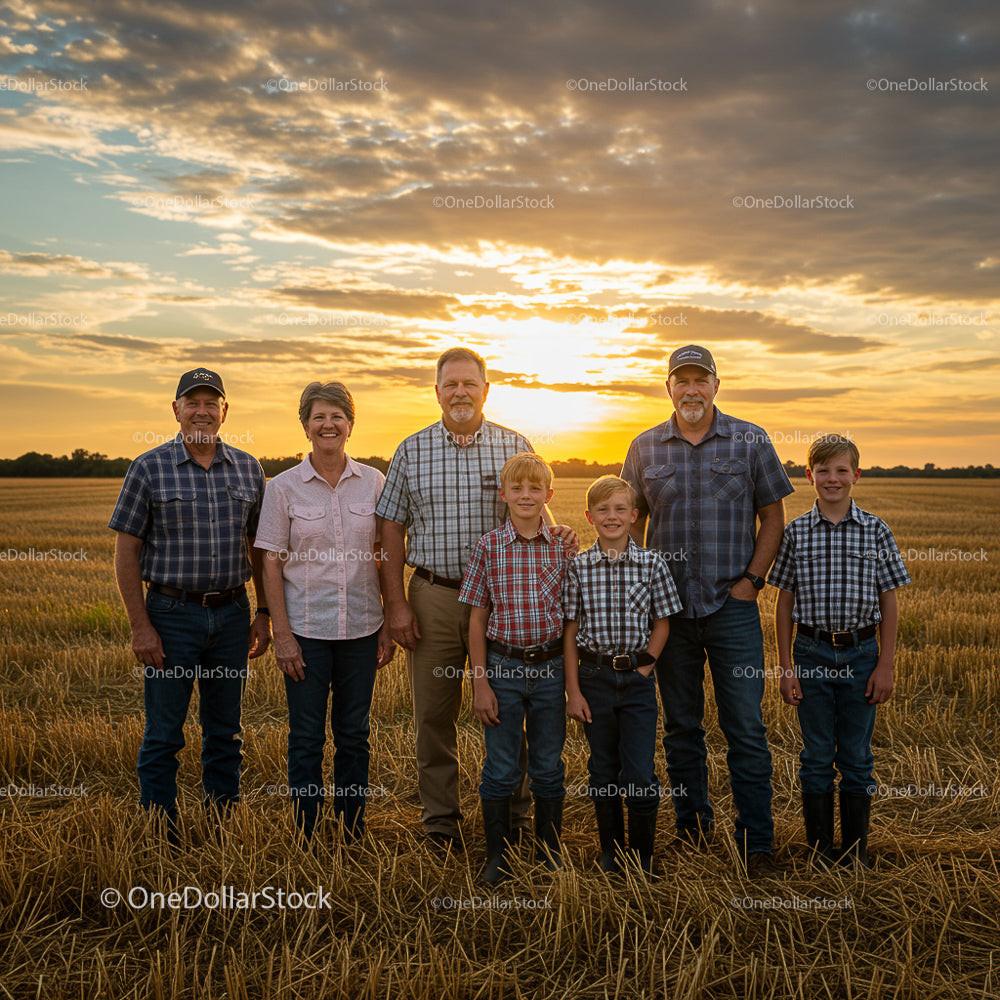Family Gathering at Sunset in a Rural Wheat Field