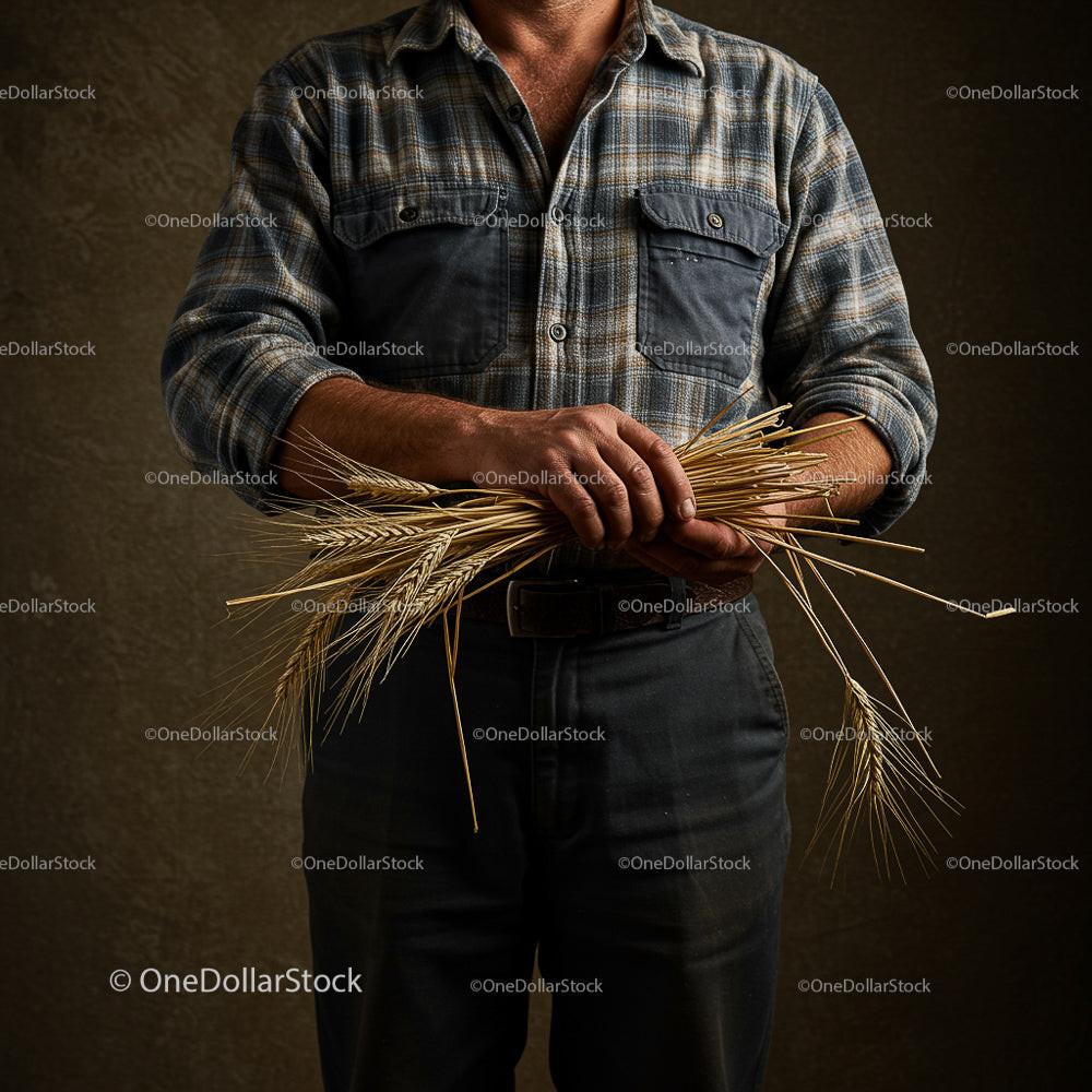 Farmer Holding Wheat in Plaid Shirt