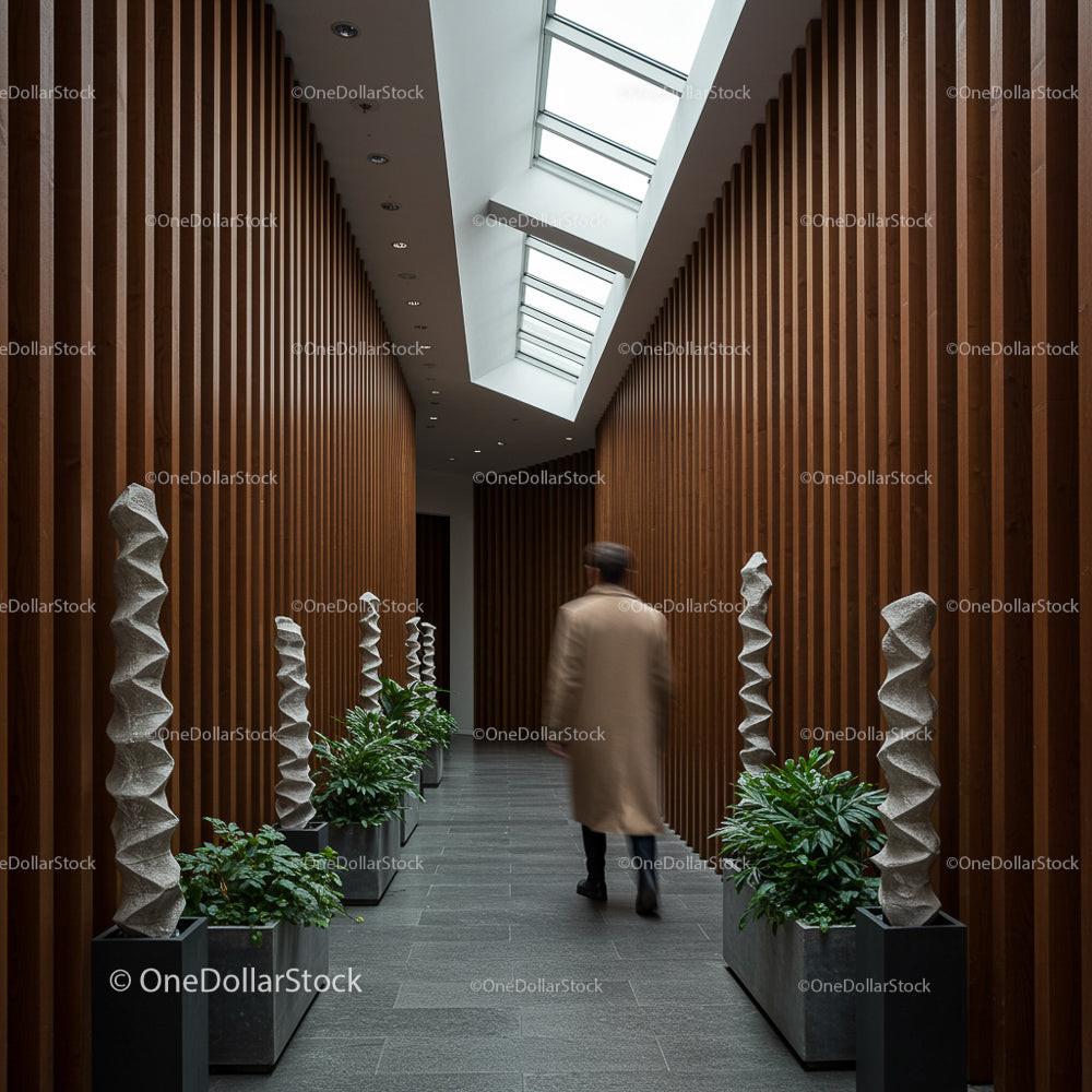 Modern Hallway with Skylight and Indoor Greenery
