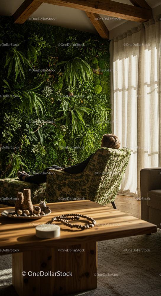 Cozy Room with Indoor Green Living Wall and Sunlit Ambiance
