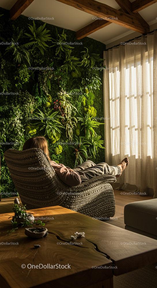 Woman Relaxing in Chair by Indoor Vertical Garden