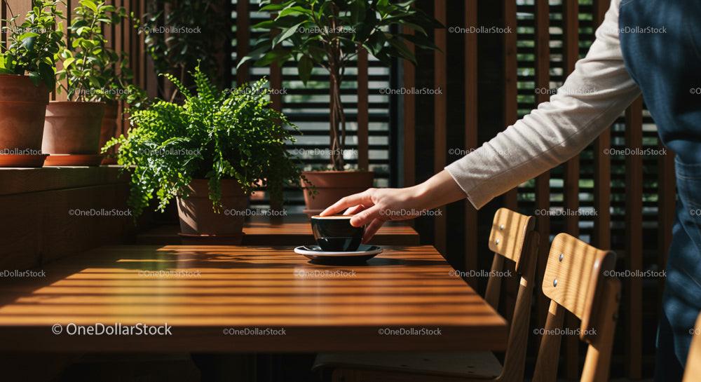 Hand Reaching for Coffee in Sunlit Room with Green Foliage
