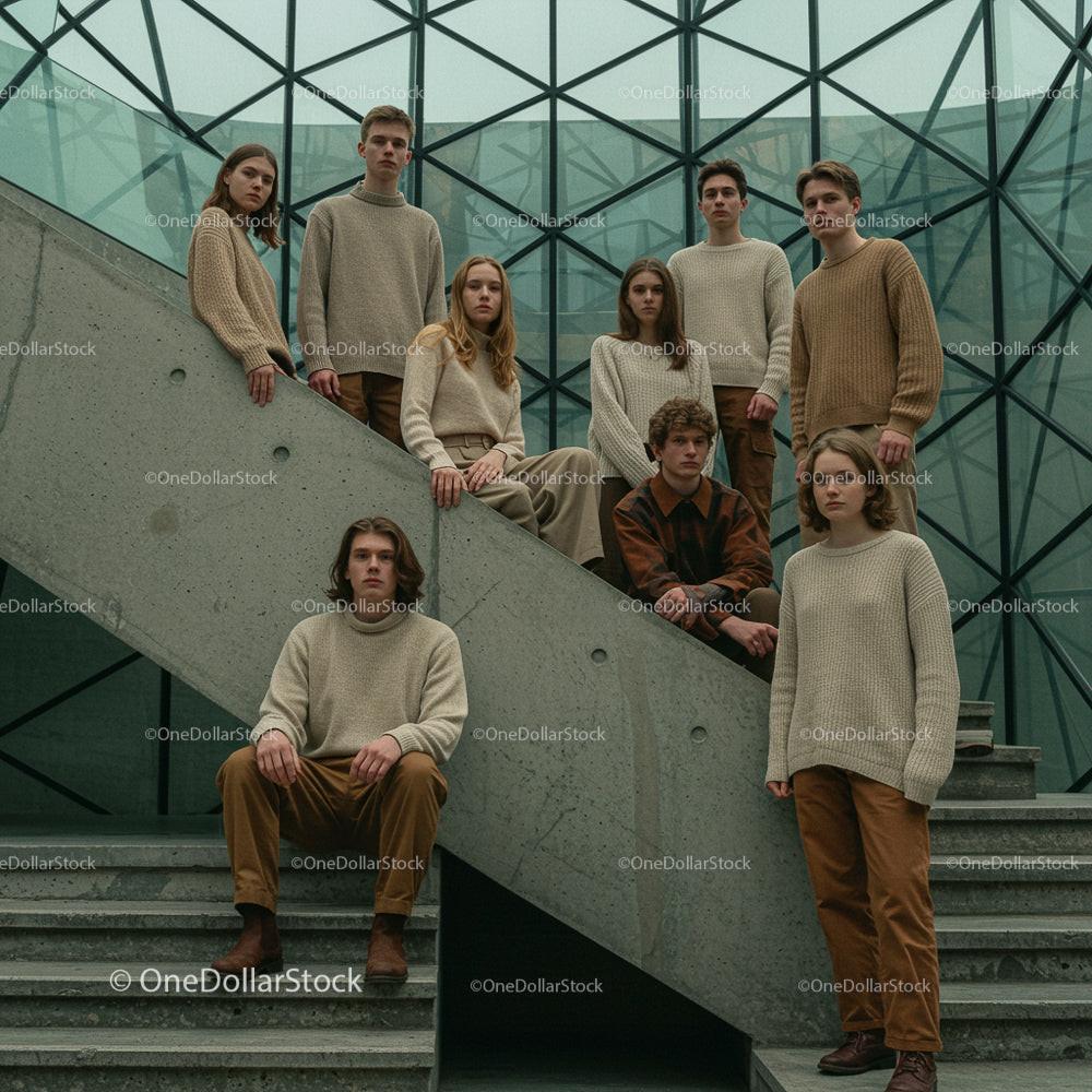 Group of Young Adults in Neutral Attire on Concrete Stairs