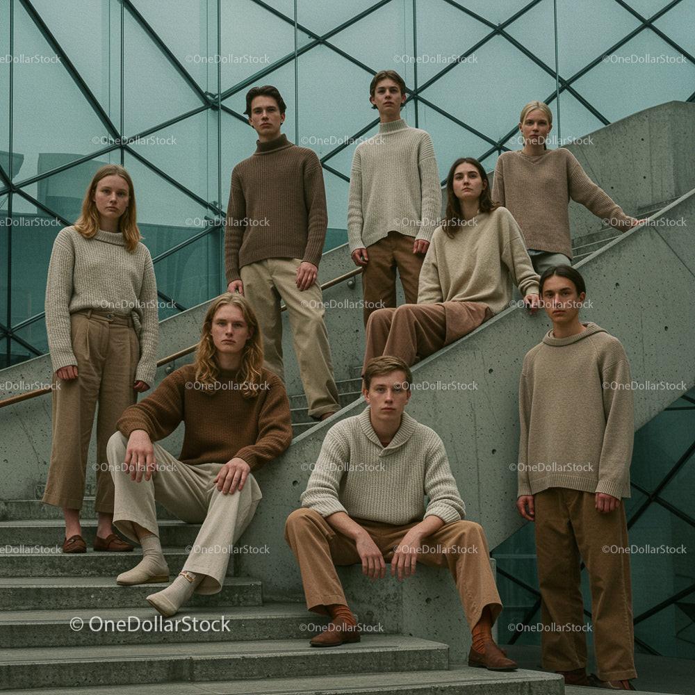 Stylish Group in Minimalist Beige Fashion on Urban Stairs