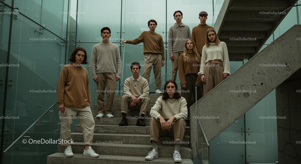 Group of Young People in Neutral Toned Fashion on Stairs