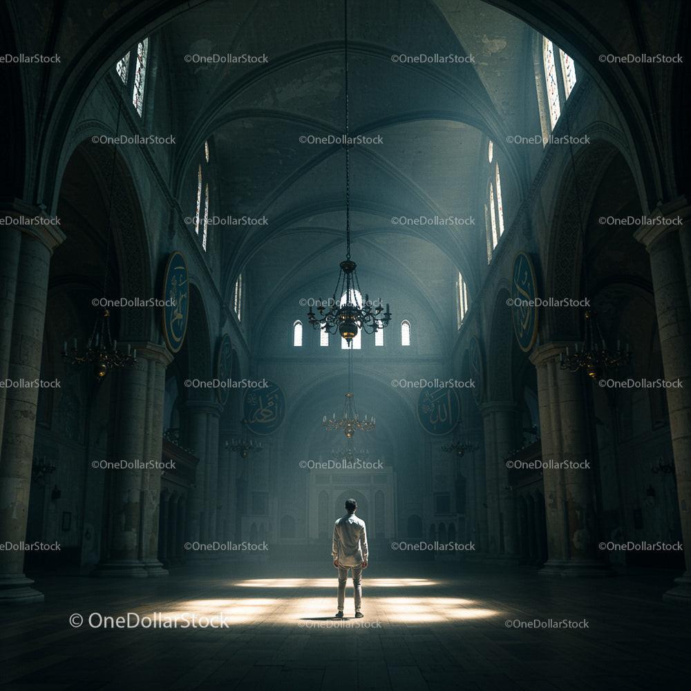 Solitary Figure in Grand Historic Building Interior