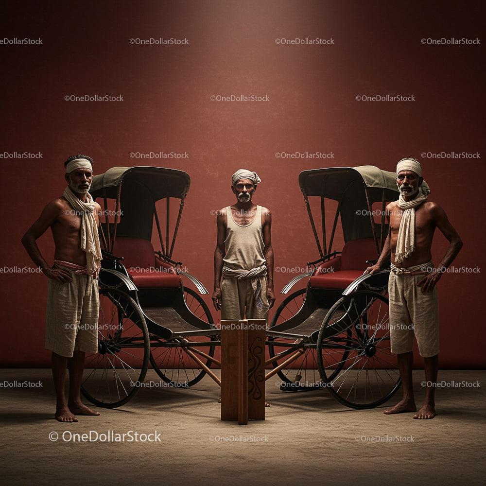 Traditional Rickshaw Pullers in Historical Setting