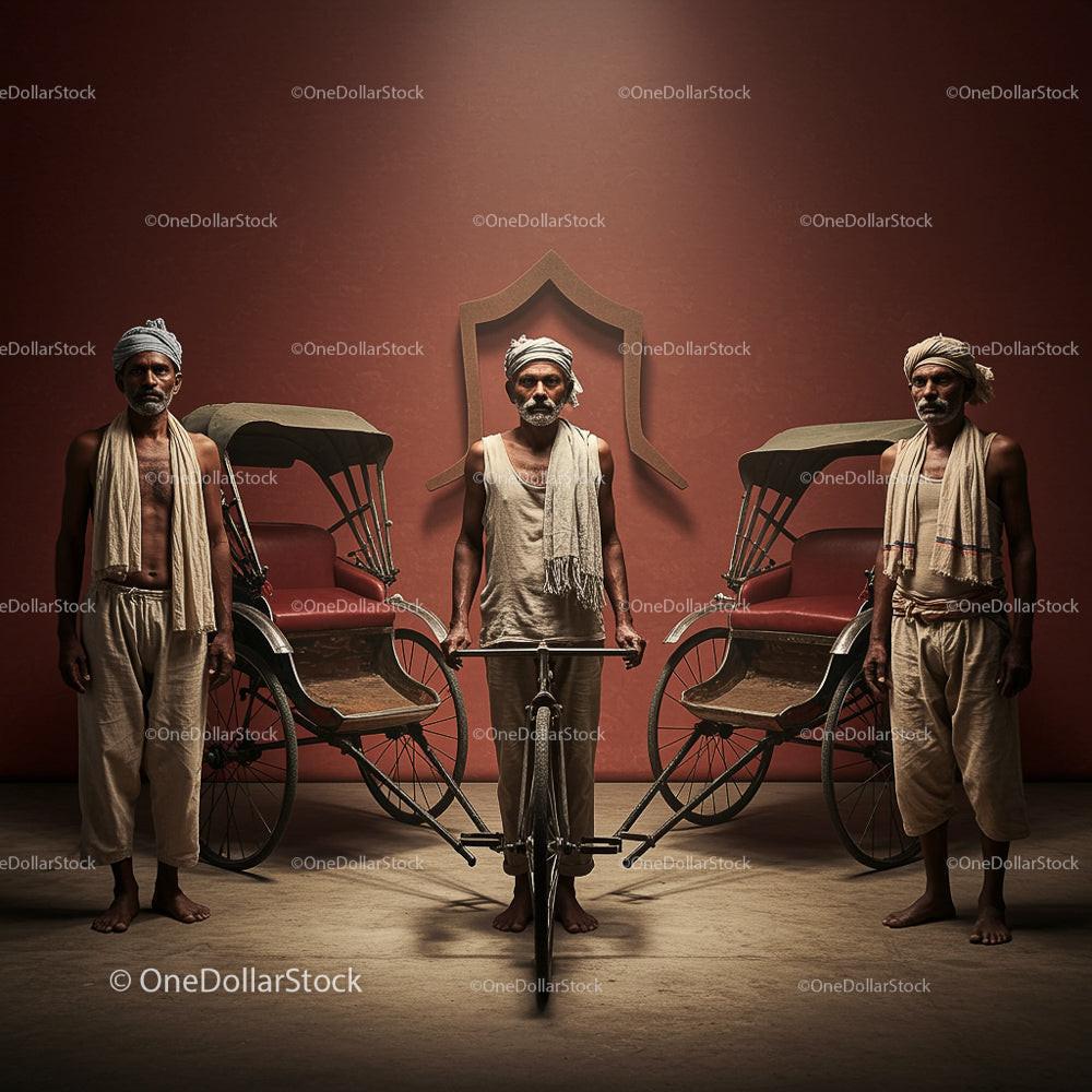 Vintage Rickshaw Pullers in Traditional Indian Attire