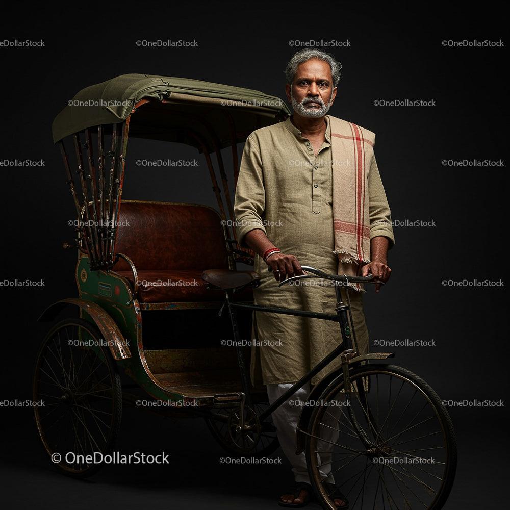 Mature Man with Traditional Indian Rickshaw on Black Background