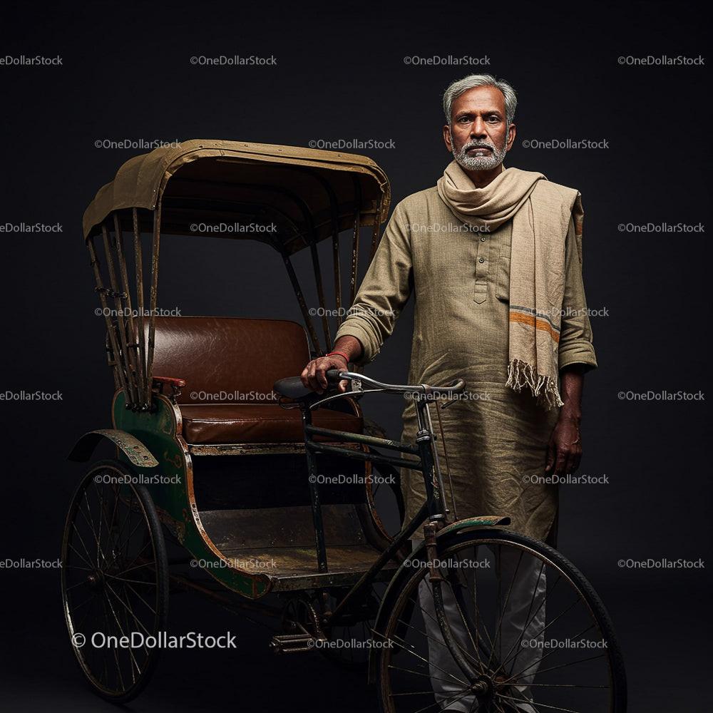 Indian Man Posing with Traditional Rickshaw