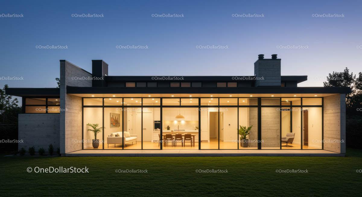 Modern Glass-Fronted Home at Dusk with Warm Interior Lighting
