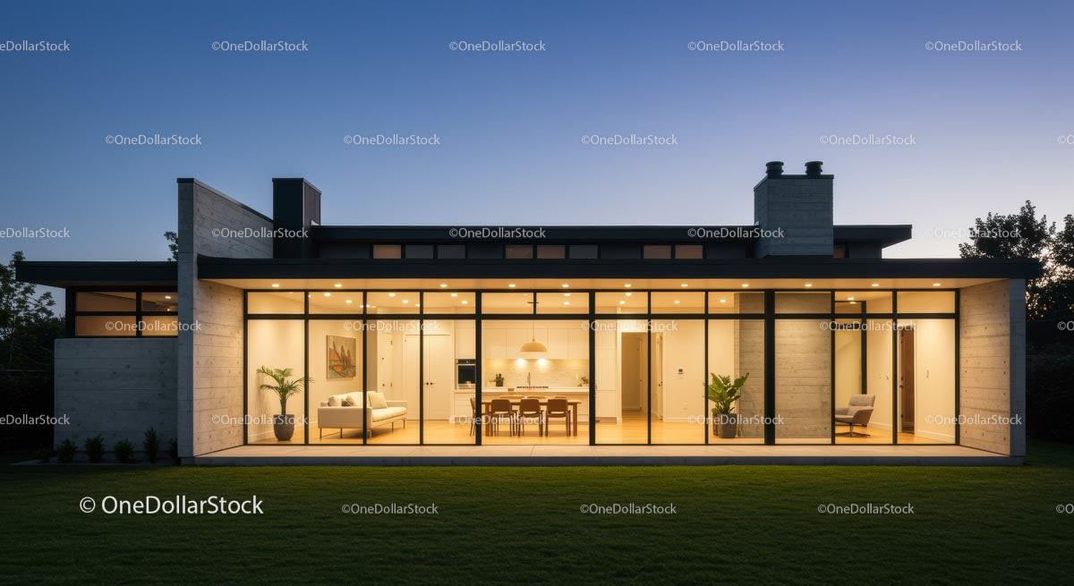 Modern Glass Facade House at Twilight with Illuminated Interior Stock Photo Bundle preview 9