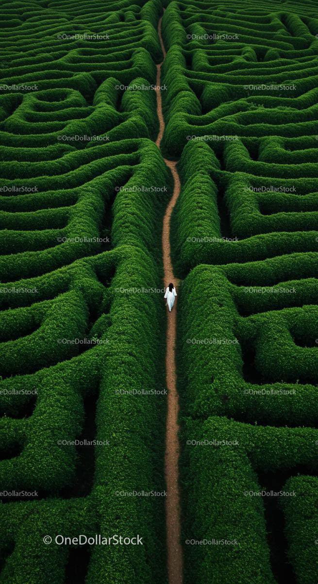 Aerial View of Woman Walking in Lush Green Maze