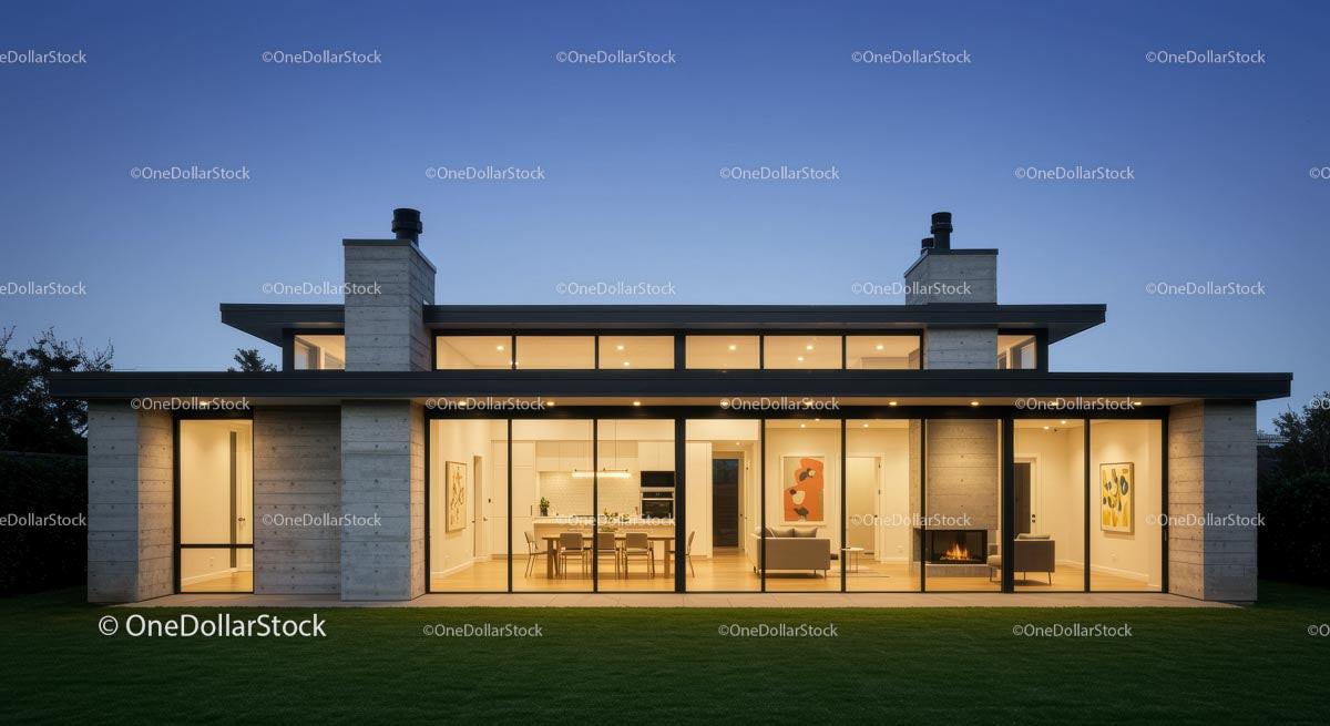 Modern Glass Facade House at Twilight with Illuminated Interior Stock Photo Bundle preview 12
