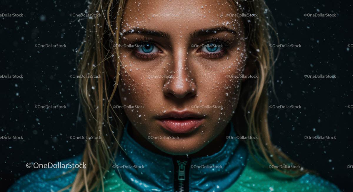 Portrait of Woman with Blue Eyes and Snowflakes