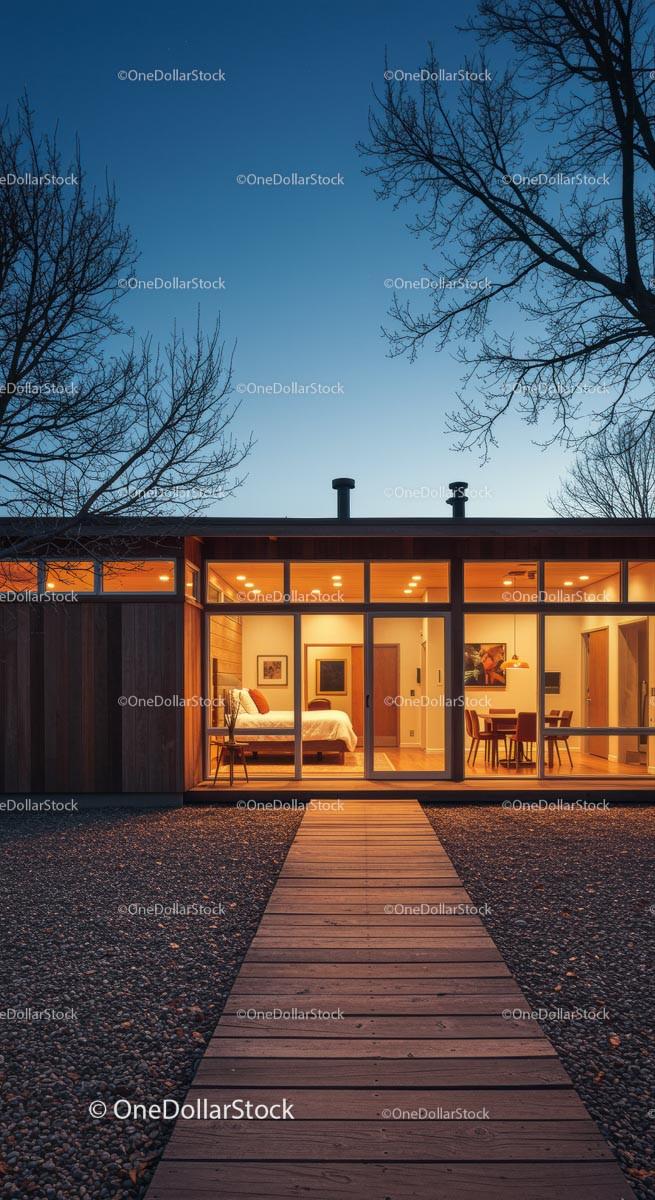 stock photo bundle made with Modern Home with Warm Lighting During Twilight Stock Photo Bundle