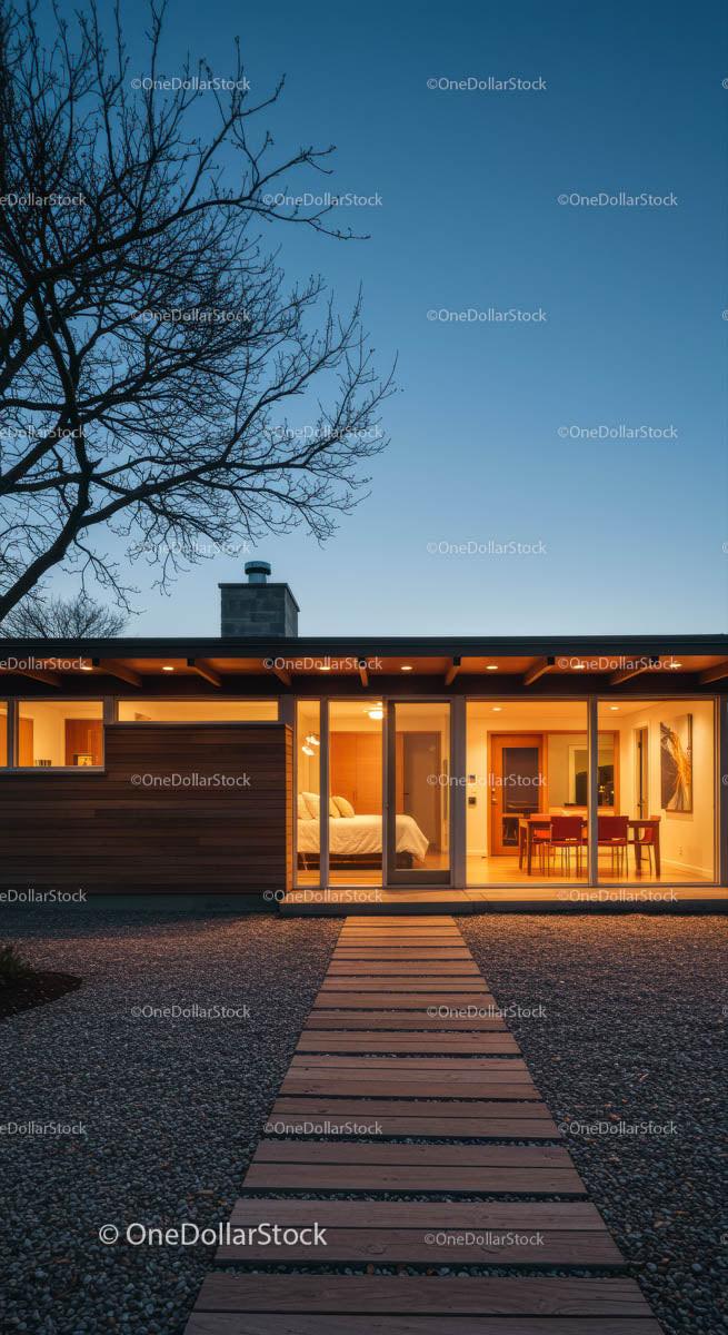 Modern Home with Glass Facade at Dusk