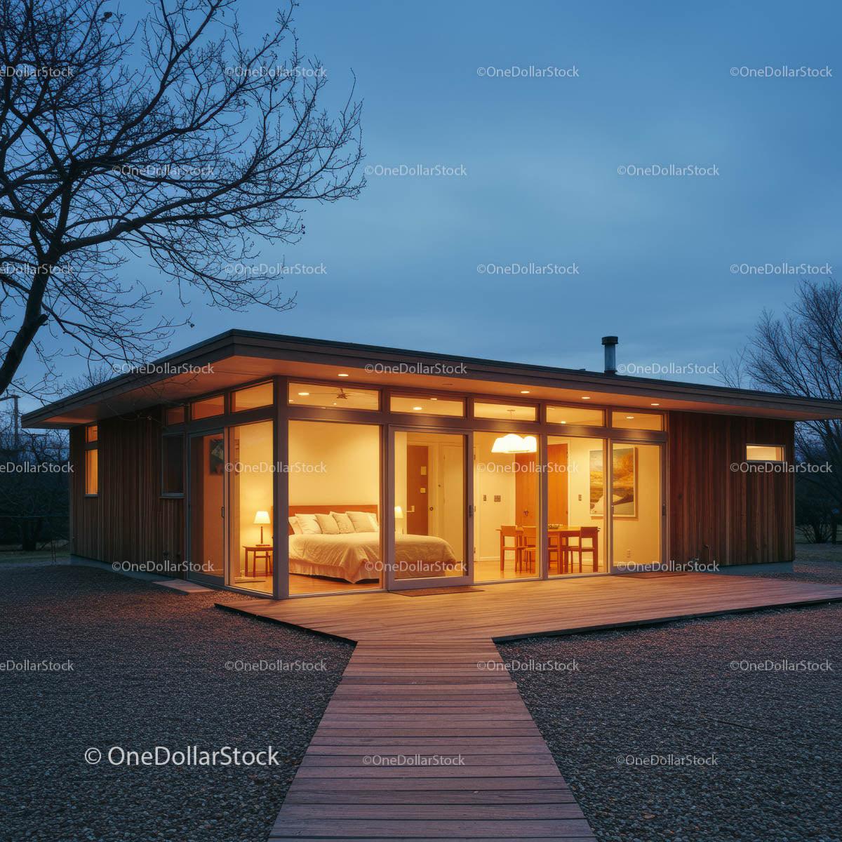 Modern Glass House at Dusk with Warm Interior
