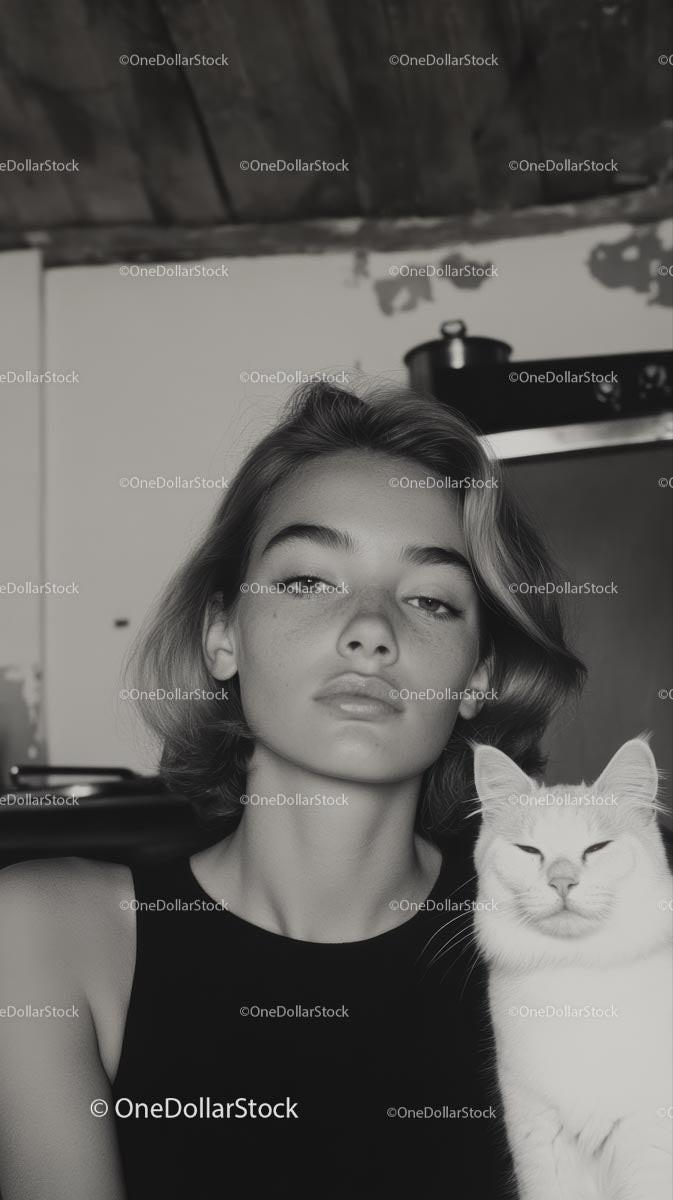Young Woman with White Cat in Monochrome Home Setting
