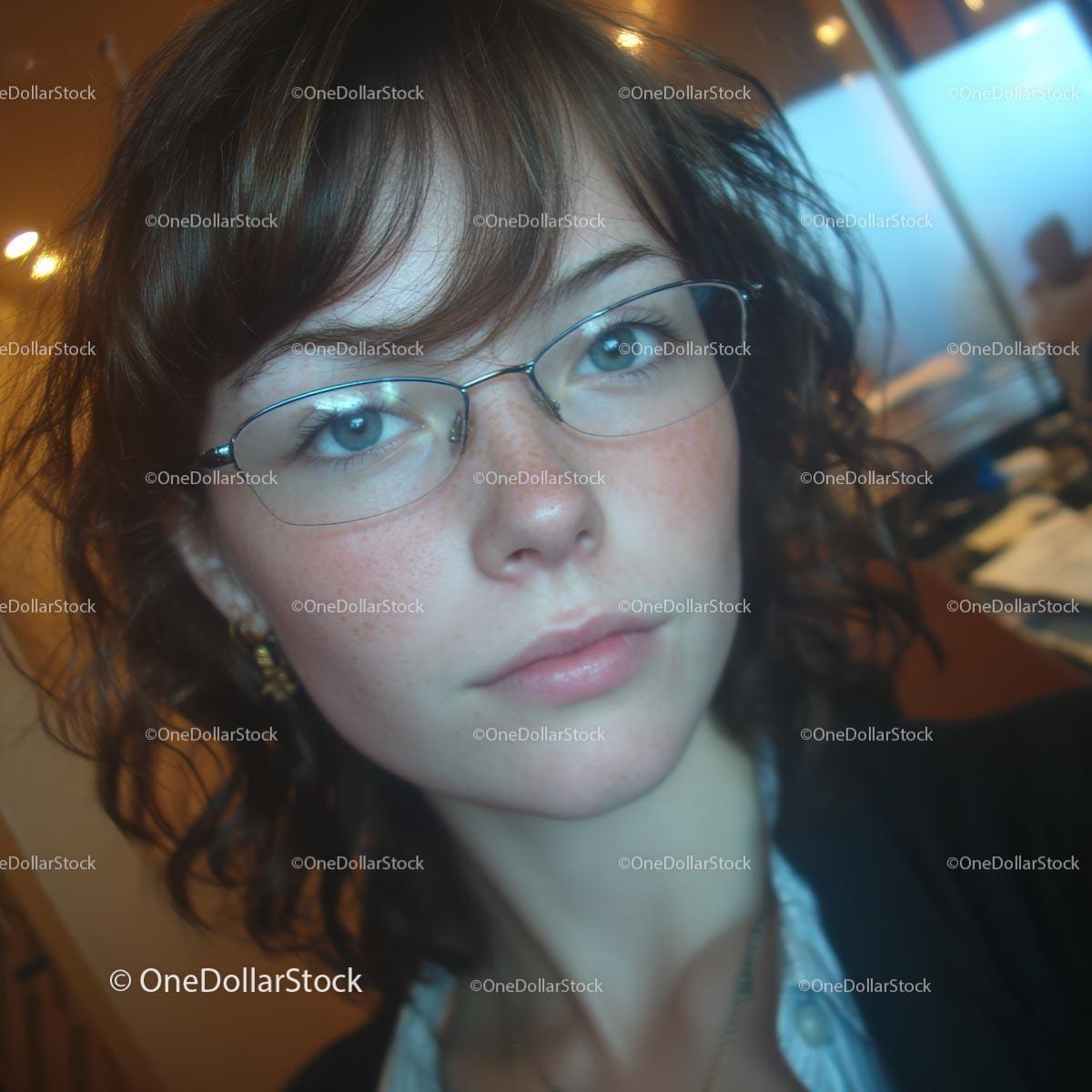 Pensive Woman with Glasses and Curly Hair Indoors