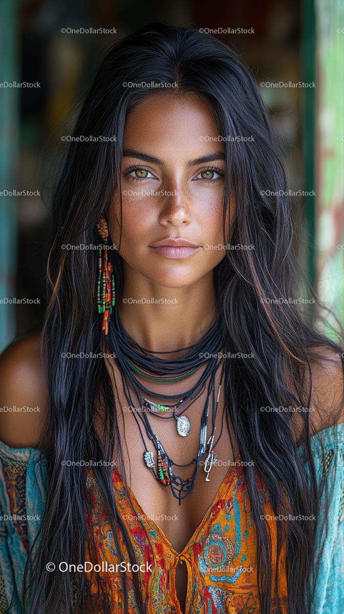 Bohemian Woman in Vibrant Ethnic Attire and Jewelry