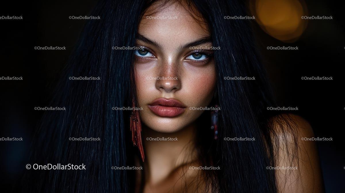 Elegant Woman with Dark Hair and Striking Blue Eyes