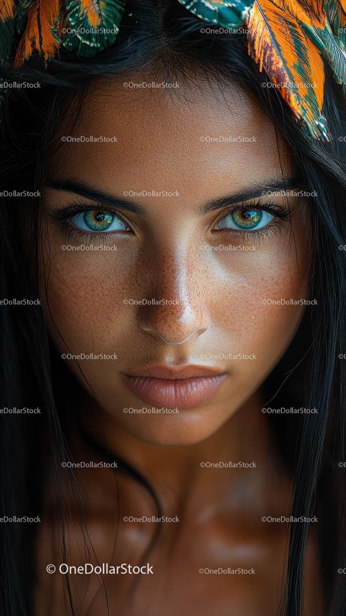 Woman with Intense Gaze and Vibrant Feathers