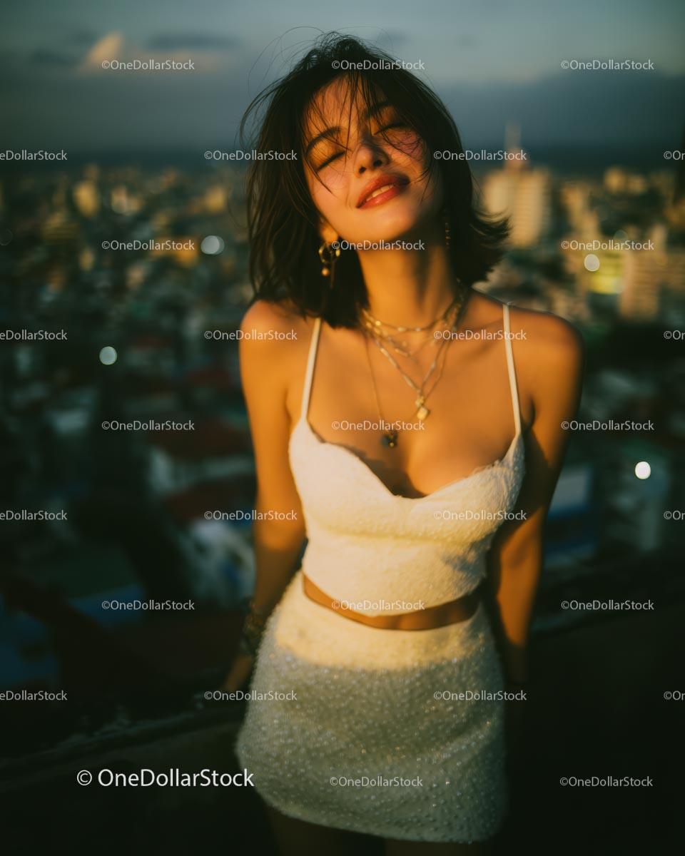 Smiling Woman in White Dress Enjoying Golden Hour on Rooftop