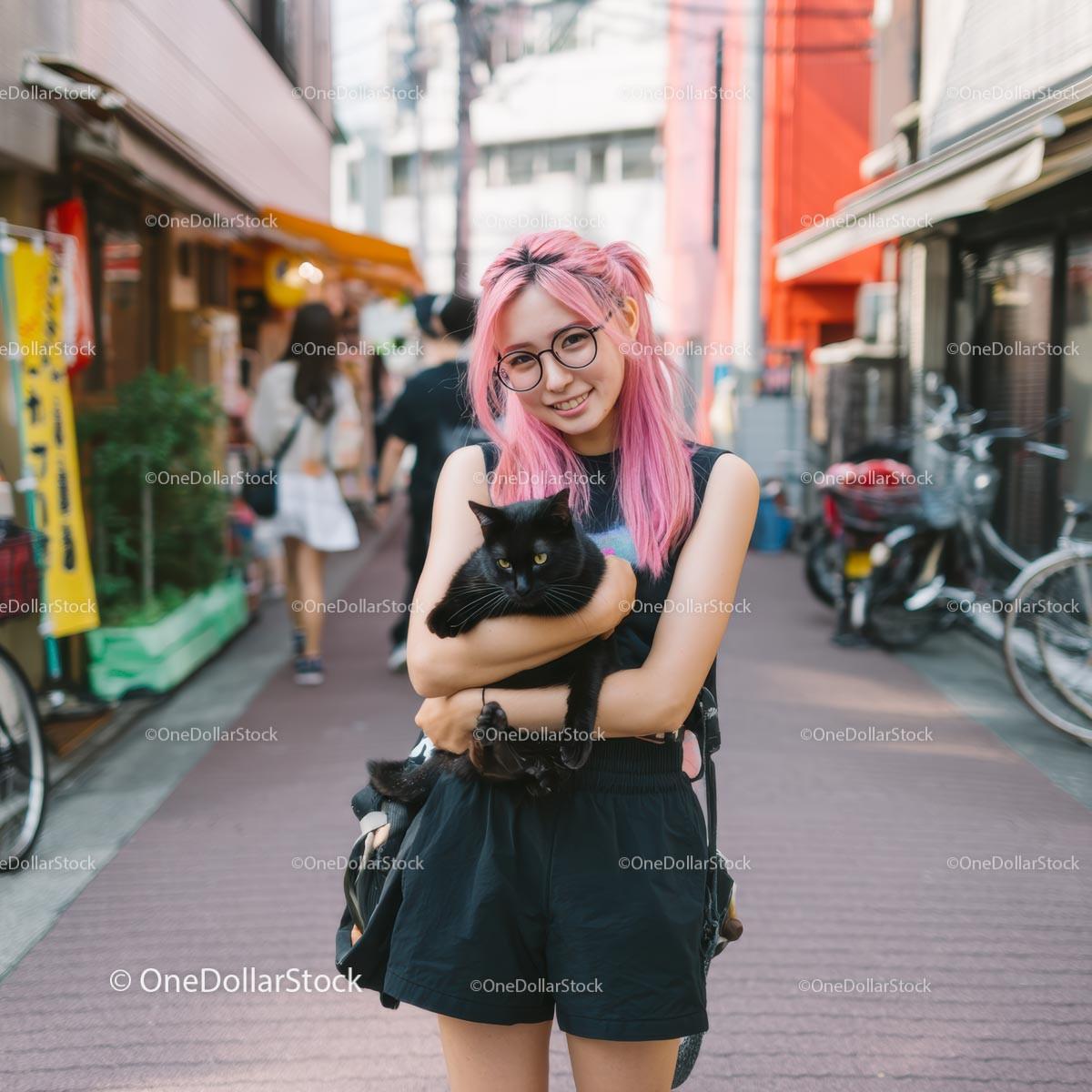 Smiling Girl with Pink Hair Holding Black Cat on City Street