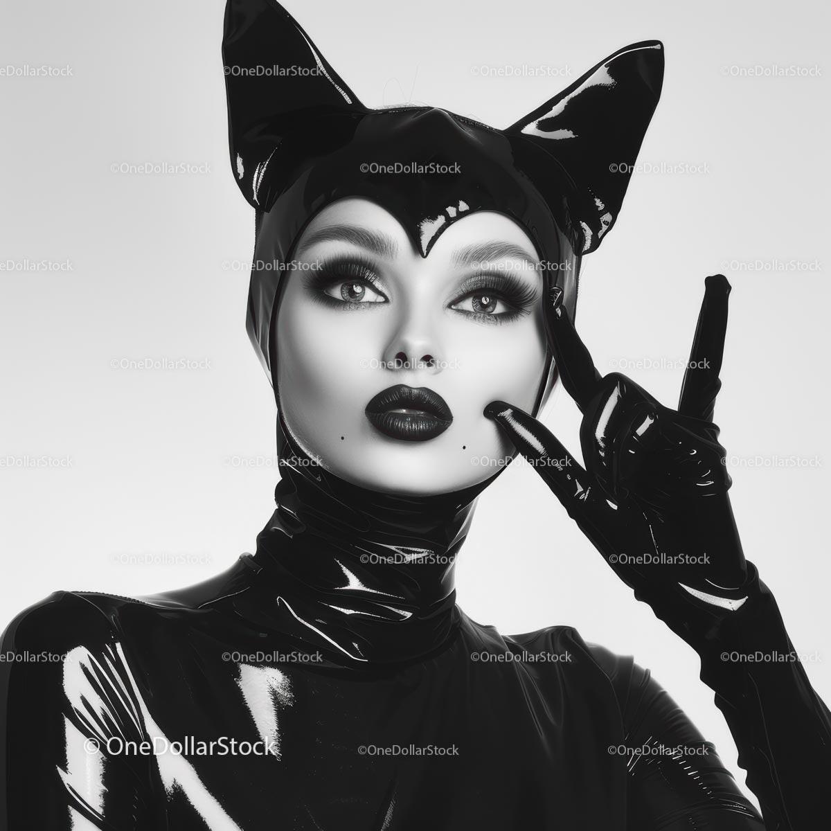 Elegant Fashion Portrait of Woman in Black Latex Costume