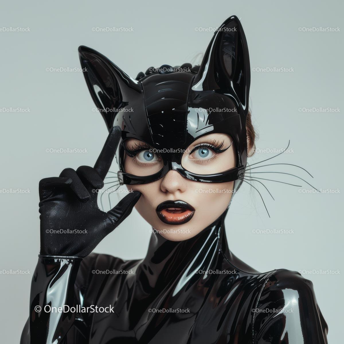 Mysterious Woman in Black Latex Cat Costume