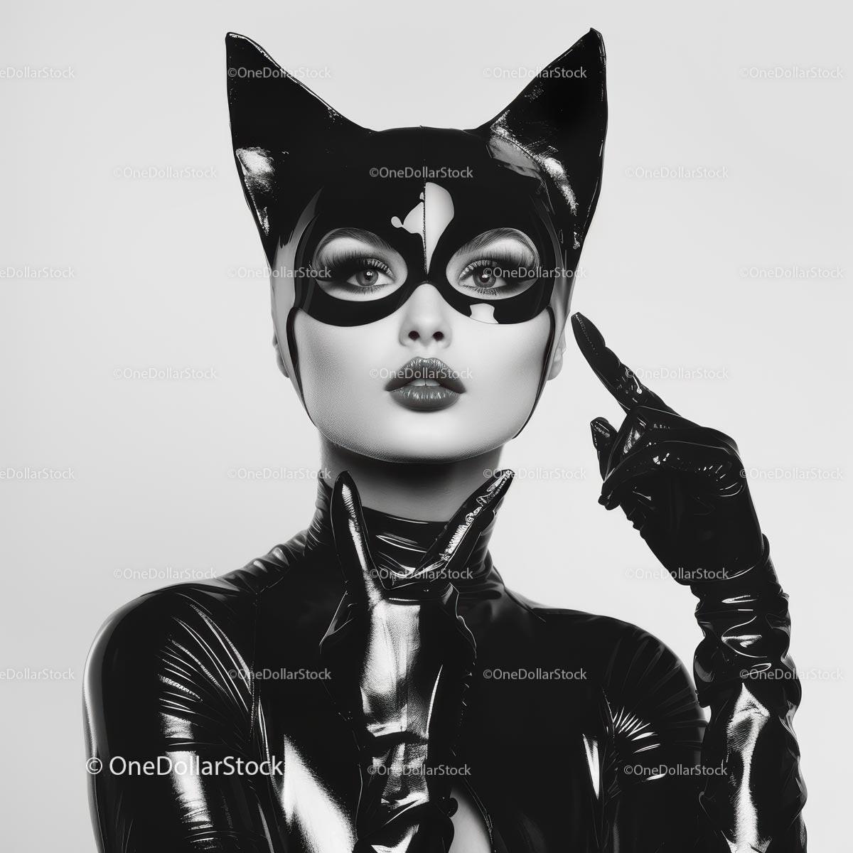 Mysterious Woman in Catwoman Costume with Black Latex