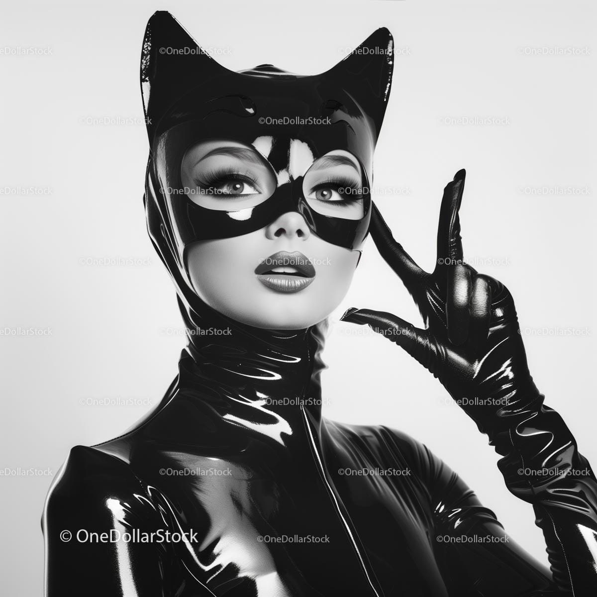 Stylish Woman in Black Latex Cat Costume